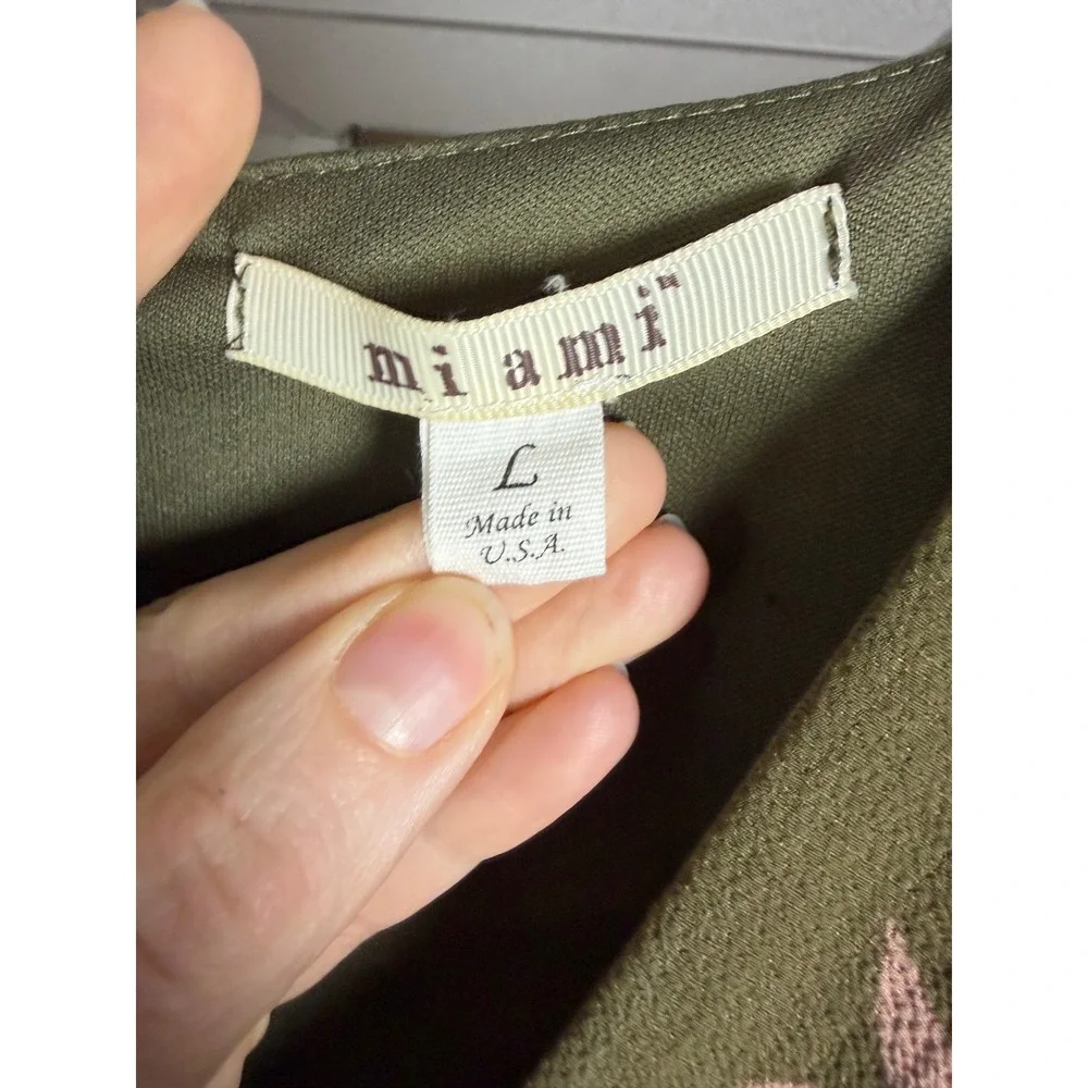 Miami Olive Green Floral Long Bell Sleeve Surplice Romper Womens Large - Picture 6 of 9